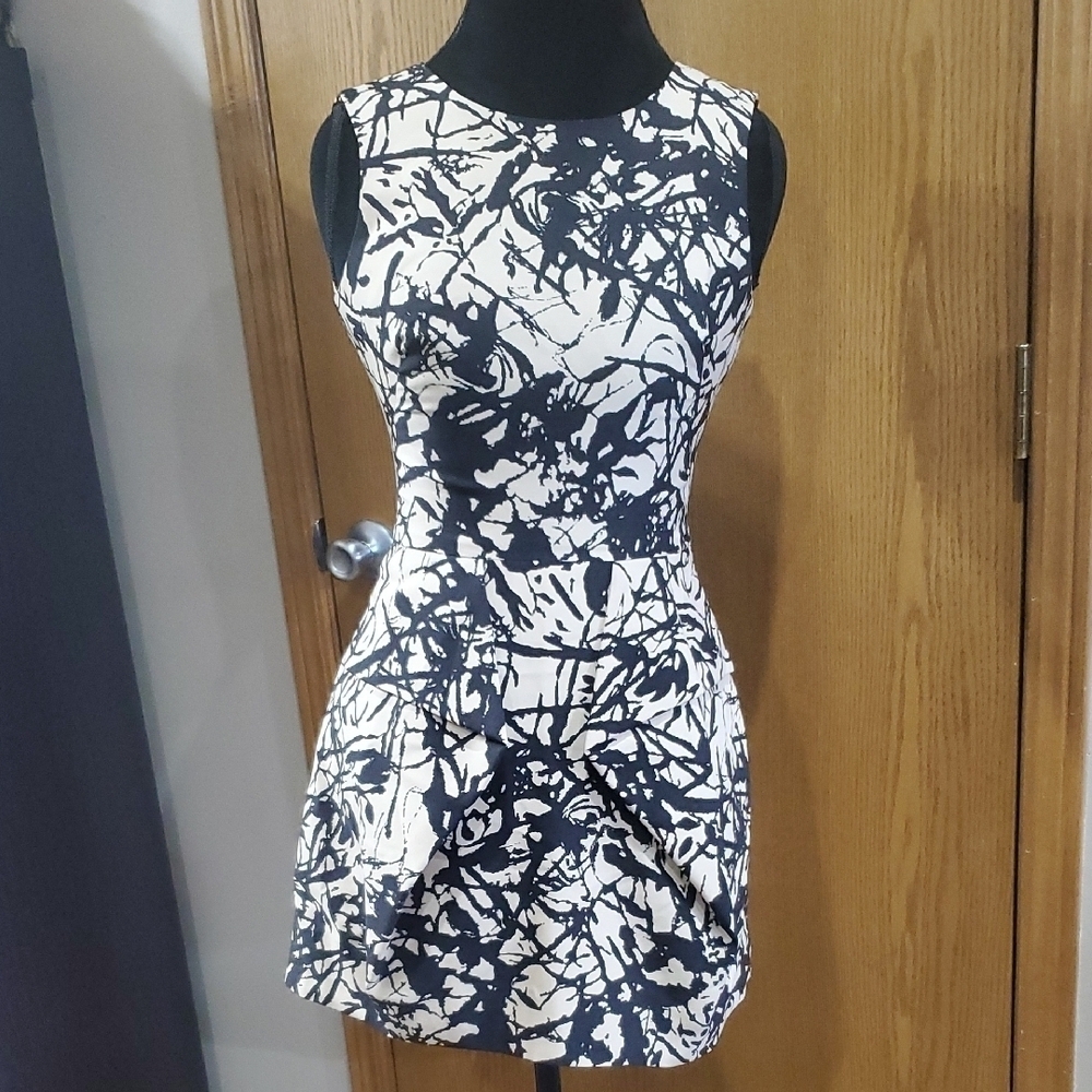 Lela Rose Black And Tan Abstract Wool Silk Blend Mini Dress Night Out